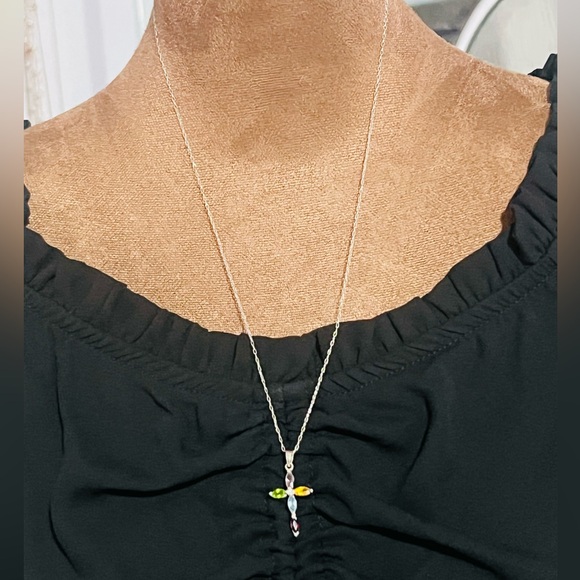 Sterling Silver Multicolor Gemstone Cross Pendant Necklace 20 inch - Picture 5 of 7